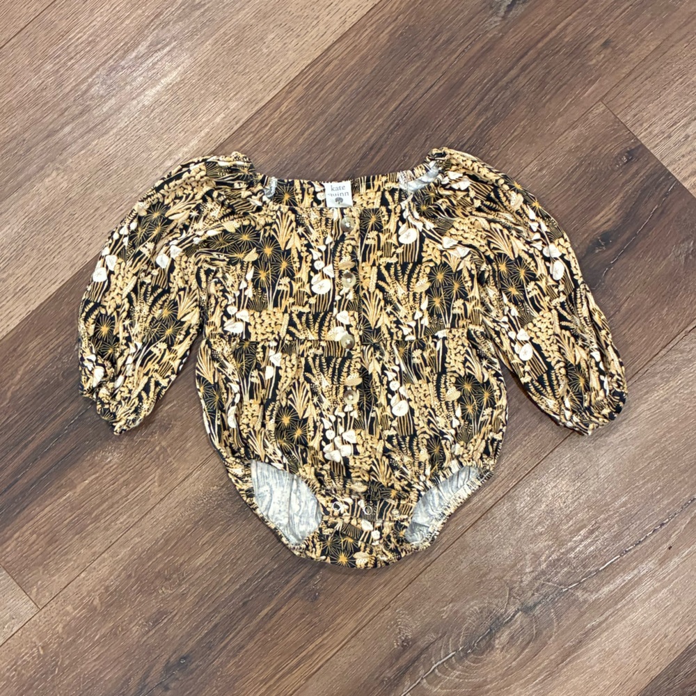 Kate Quinn Black Gold Foliage One Piece Onesie Long Sleeve Outfit 6-12m
